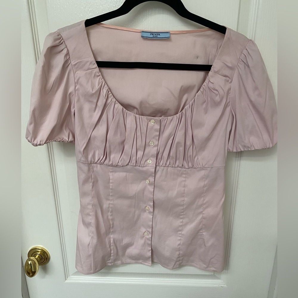 Prada Pale Pink Cotton Scoop-Neck Button Blouse